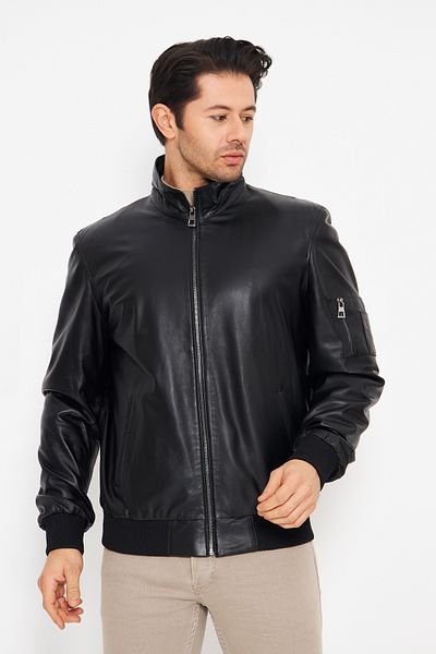 By Marki Marki Men's Genuine Leather Jacket - Black Zippered Tricot, Cola Pocket in Demand, 70 cm