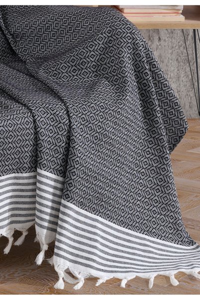 Lux Touch Husă pentru fotoliu Bergama neagră 150 x 180 cm Husă pentru canapea, divan, extensibilă, din bumbac, cu ciucuri