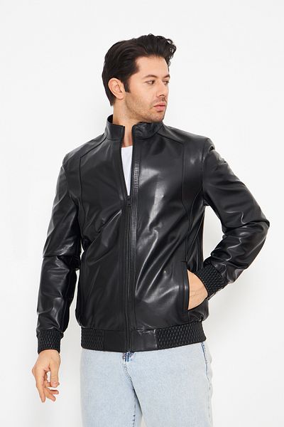 By Marki Marki Men's Genuine Leather Jacket - Black, Zippered, Leather Knitwear, Stitching Detail, 70 cm