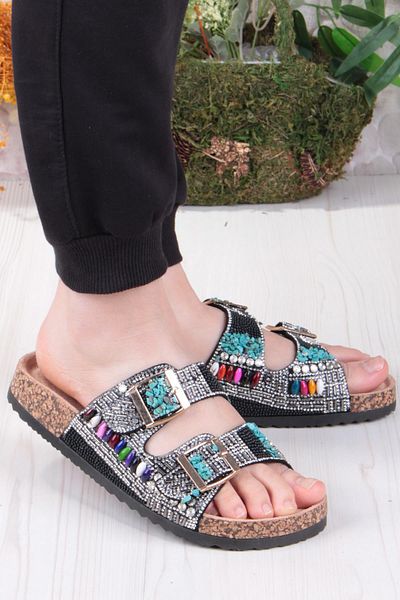 fort Gj Alyona Anatomical Bead Stone Detailed Two Buckle Women's Slippers