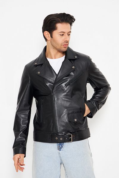 By Marki Marki Men's Genuine Leather Jacket - Black Double Breasted Collar Belted Strap Shoulder Detail 70 cm