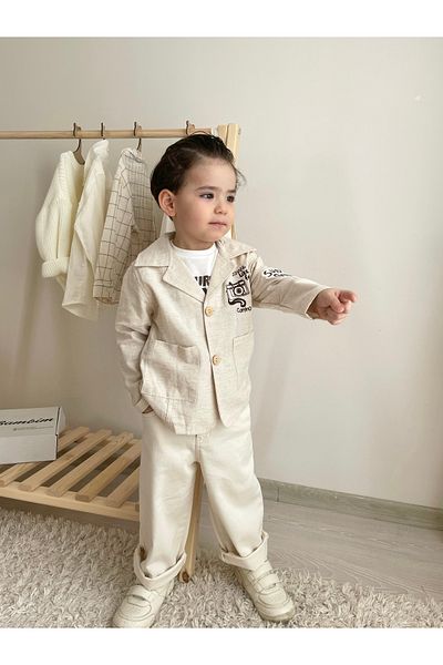 miabambim Beige 3-Piece Linen Jacket Boy's Suit
