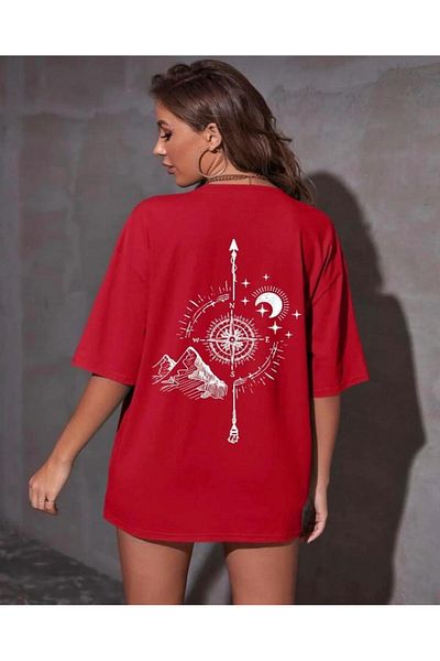 khufu Red Oversize T-Shirt Unisex Printed Back Compass