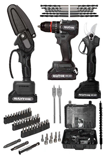 RAXTOR 3 Lü Set Kömürsüz Motor Çift Akülü Şarjlı Matkap Şarjlı Budama Makası ...