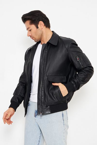 By Marki Marki Men's Black Genuine Leather Jacket, Zippered, Knitwear, Pockets 70 cm