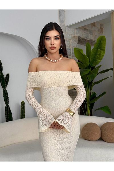 Julidress Μπεζ φόρεμα με δαντέλα με επένδυση αρραβώνων με γιακά Madonna