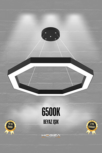 Hegza Lighting Octagon ( Siyah Kasa, Beyaz Işık ) Ledli Modern Led Avize, Salon, Mutfak, Antre, Hol, Masa, Sarkıt