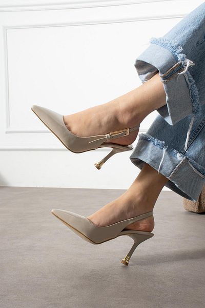 ShoeTek Beige Patent Leather Jola Women's Stiletto - Back Strap Buckle Heeled Shoes