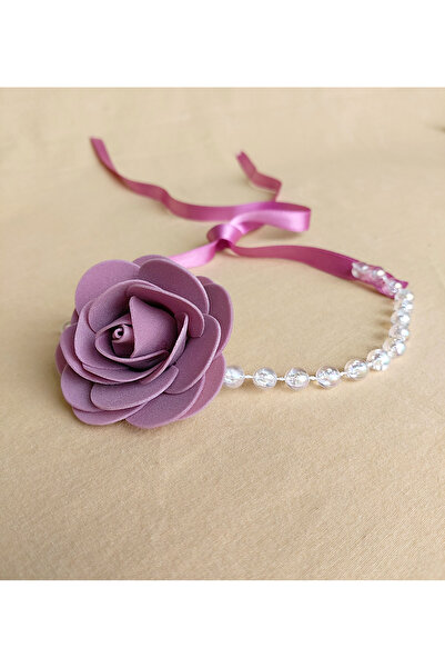 HA&NA Gül Çiçekli Choker Kolye , Inci Choker Kolye , Lila Kolye