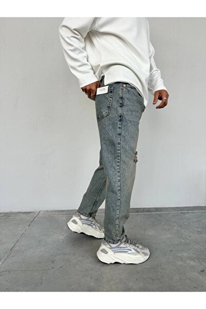 BDRMAN Mavi Eskitme Model Yırtıklı Boyfriend Pantolon
