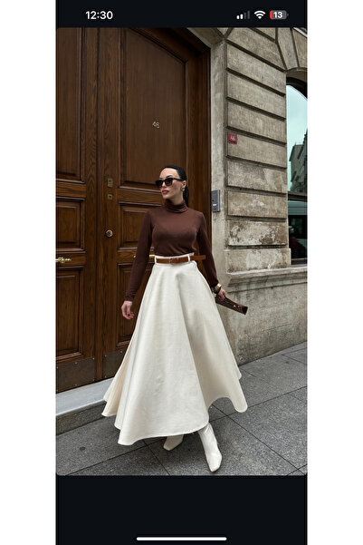 Büşra Ayhan Gabardin Kumaş Beyaz Prenses Etek