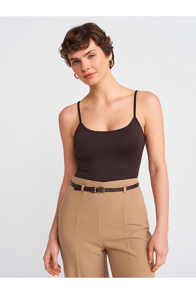 Dilvin 20901 Thin Strap Polyamide Top-Dark Brown