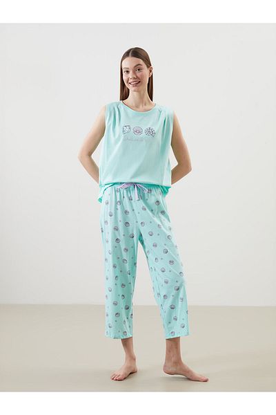 LC Waikiki LCW DREAM Set de pijamale capri pentru femei cu decolteu turcoaz imprimat