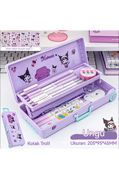 synshop حقيبة Kuromi Sanrio ذات طبقتين بعجلات سحب ذات سعة كبيرة وحامل أقلام و...