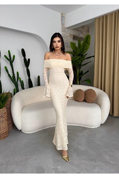 Julidress Bej Madonna Yaka Astarlı Nişan Davet Premium Dantel Elbise