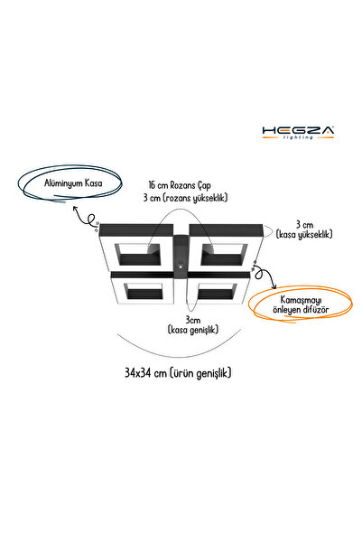 Hegza Lighting DIAMANTE ( Gri Kasa, Sarı Işık ) Ledli Modern Plafonyer Led Avize, Salon, Mutfak, Oturma Odası