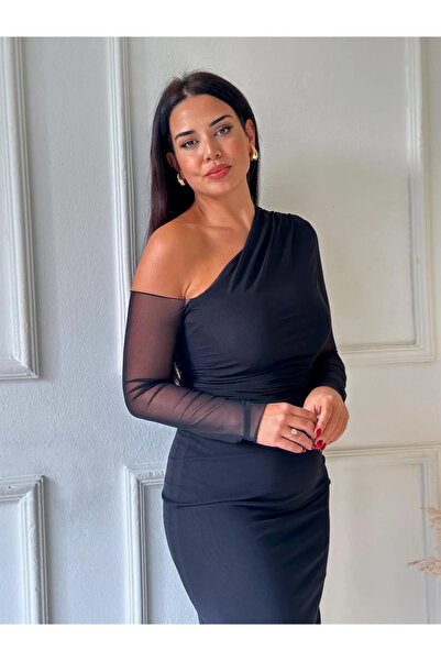 buqre's moda Tek Omuz Desenli Maxi Boy Tül Elbise