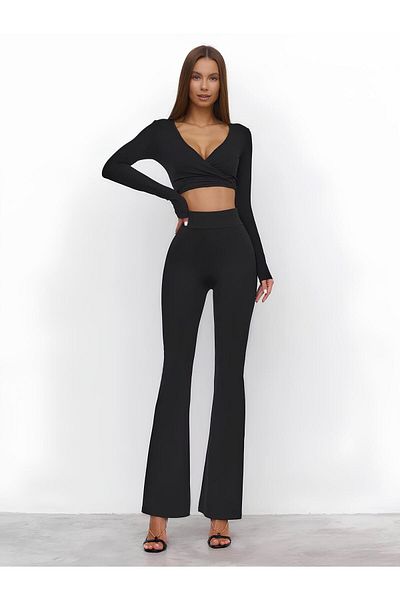 Baluxe Women's Black High Waist Flared Leg Leggings Trousers