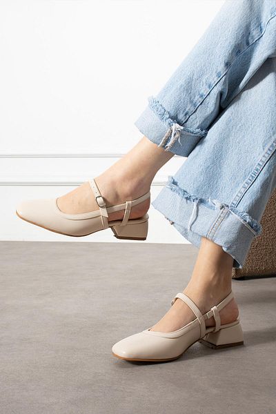 ShoeTek Women's Heeled Beige Leather Ballerinas, Thick Mod with Ankle Strap