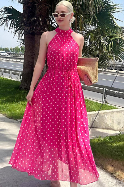 MissKybele Halter Yuvarlak Yakalı Kolsuz Puanlı İçi Astarlı Kuşaklı A-Line Pl...