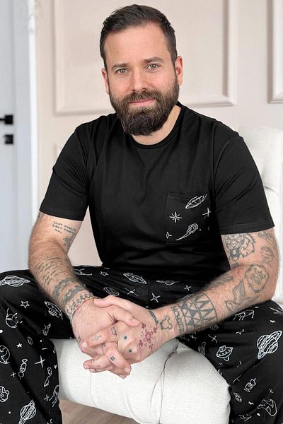 Pijamaevi Black Space Pattern Pocket Detailed Short Sleeve Men's Pajama Set