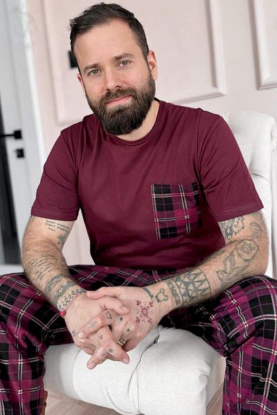 Pijamaevi Burgunderrot kariertes Muster Tasche detaillierte kurze Ärmel Herren Pyjama Set