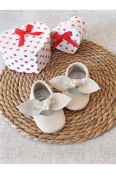 MİNİBİRİ Angel Model Baby Girl Cream Genuine Leather Moccasin Booties First Step Shoes
