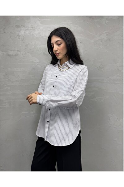 deqfashion Beyaz Çizgili Poplin Oversize Gömlek