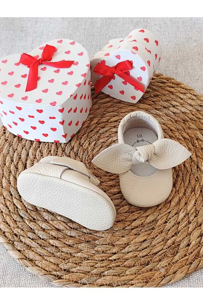 MİNİBİRİ Angel Model Baby Girl Cream Genuine Leather Moccasin Booties First Step Shoes