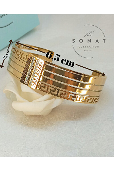 Sonat Collection Stainless Gold Renk Zirkon Taş Detaylı Çelik Solmaz Kararmaz Kelepçe Bilezik
