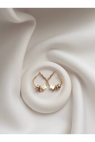 Minne Jewelry-Accessory Yuvarlak Çelik Küpe - Kelebekli Yuvarlak Küpe