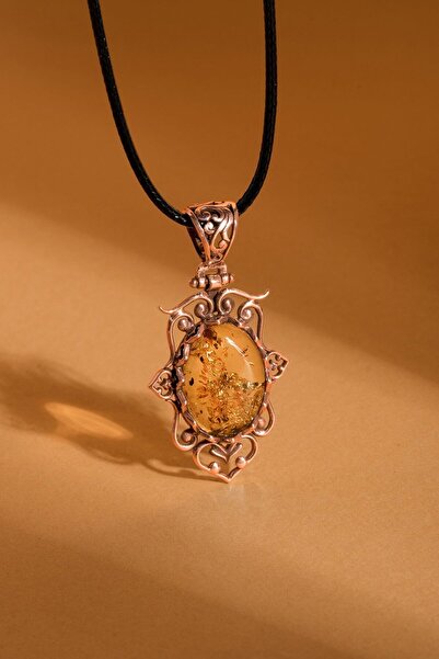 Takıdepo Orijinal Damla Kehribar El İşi Gümüş Kolye-Rose Rengi