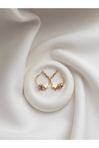 Minne Jewelry-Accessory Yuvarlak Çelik Küpe - Kelebekli Yuvarlak Küpe