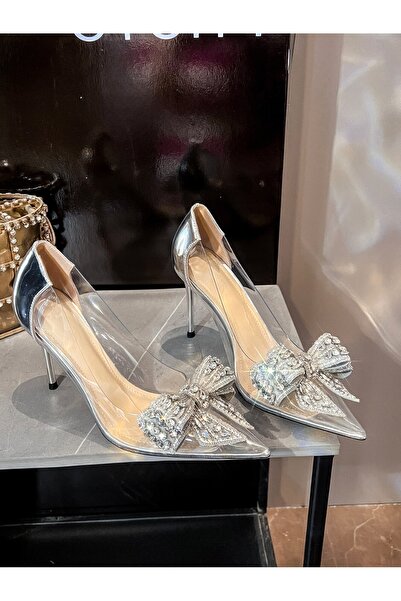 TrendyAnka Lady Princess Silver Transparent Nude Bow Buckle Rhinestone 8 cm Thin Heeled Wedding Engagement Evening Dress Shoes