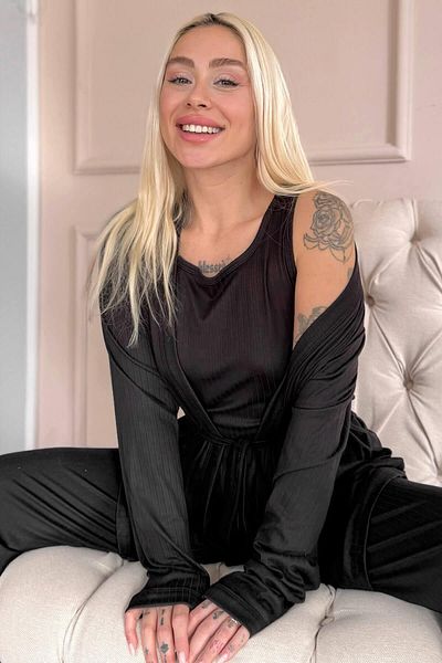 Pijamaevi Black Dublin Women's Pajama Set with Dressing Gown