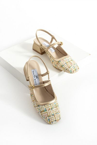 Neva'nın Butiği Tuan Tweed Fabric Thick Heel Daily Women's Heeled Shoes