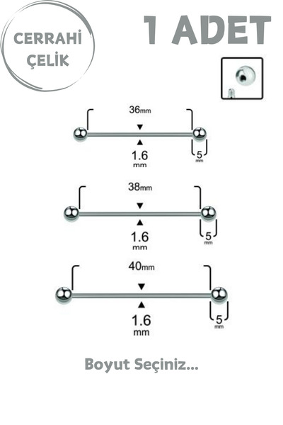Blisse Piercing Unisex Cerrahi Çelik 5mm Toplu İndustrial Köprü Piercing