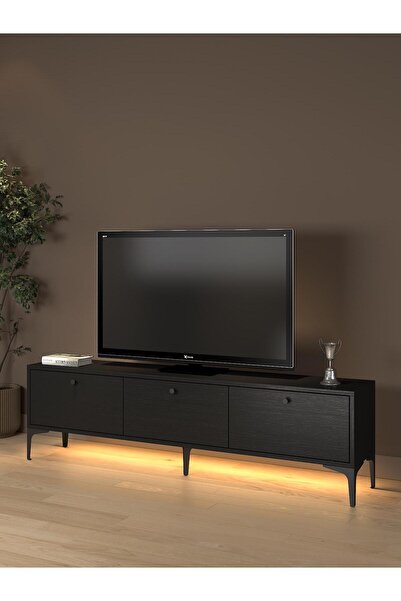 Wood'n Love Paris Led Işıklı Dolaplı Minifiksli 160 Cm Tv Ünitesi - Tv Sehpası - Wood Siyah