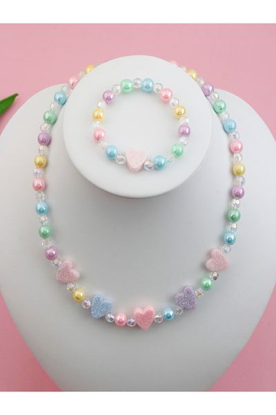 Choice MULTI 40cm 2pcs Girls' heart-shaped decorated beaded necklaces and bracelets are worn daily througho