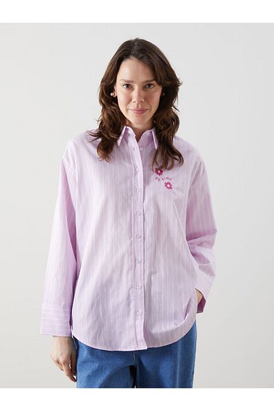 LC Waikiki Lcw Comfort Pink Floral Oversize Poplin Women's Shirt