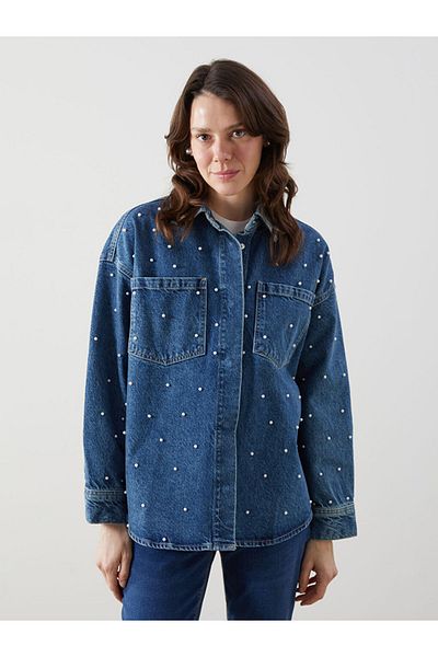 LC Waikiki Tunica de jeans pentru femei LCW Comfort Indigo, cu guler de cămașă, cu margele