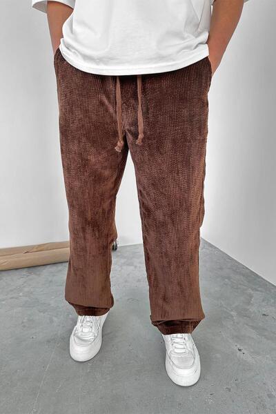 HAFKAGİYİM Kahverengi Beli Lastikli Ayarlanabilir Kadife Baggy Pantolon