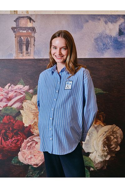 LC Waikiki Lcw Comfort Blue Floral Oversize Poplin Women's Shirt