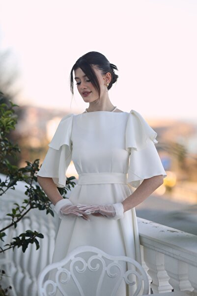 AYŞEYAMAÇLI KADIN BEYAZ DİANA KAYIK YAKA MİDİ BOY ABİYE ELBİSE