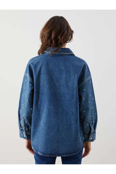 LC Waikiki LCW Comfort İndigo Gömlek Yaka Boncuklu Oversize Kadın Jean Tunik