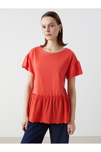 LC Waikiki Lcw Comfort Red Crew Neck Embroidered Women's T-Shirt