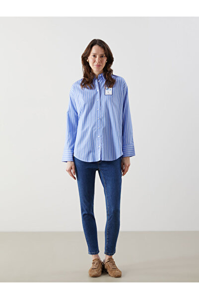 LC Waikiki LCW Comfort Mavi Çiçekli Oversize Poplin Kadın Gömlek