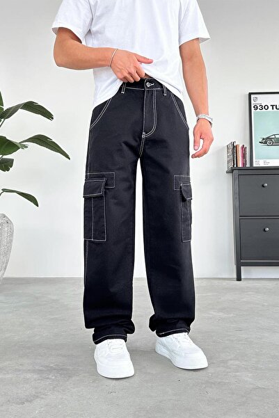 HAFKA Siyah Beyaz Dikiş Kargo Baggy Pantolon