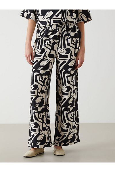 LC Waikiki Lcw Comfort Black Elastic Waist Pattern Wide Leg Women's Trousers
