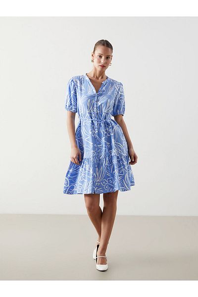 LC Waikiki Lcw Comfort Blue Runaway Collar Print Women's Shirt Dress